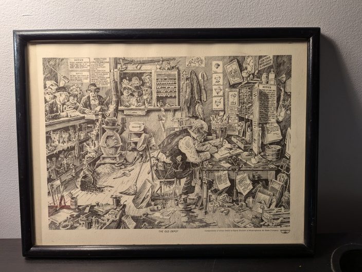 “At The Depot” Vintage 1930s Framed Etching Excellent Condition