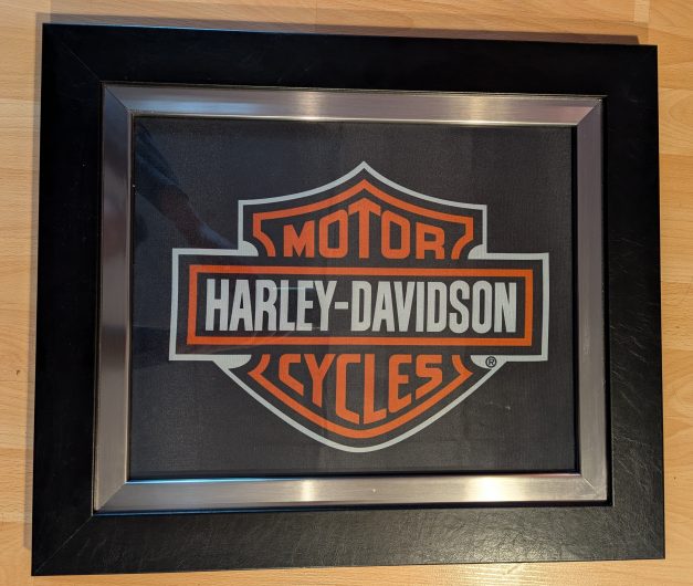 Vintage Harley Davidson Leather Wrapped Metal Frame Sign Under Glass 19 x 22 inches Excellent Condition